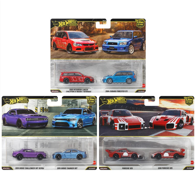 Hot Wheels HBL96-U Premium 2-Pack Series,Mitsubishi Lancer Evo Subaru Dodge Challenger Porsche,1:64 Diecast Collector's Gift Toy