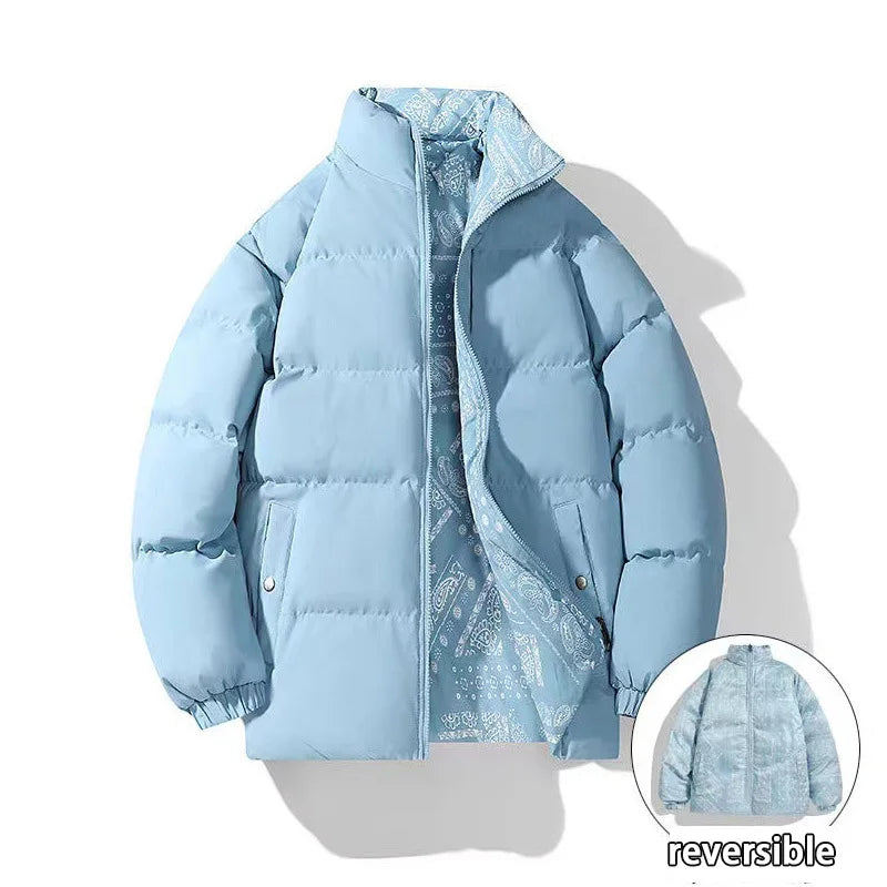Double-Sided Wear Thickened Cotton Jacket for Men Women Stand Collar Warm Casual Loose Fit Winter Couple Windproof Bread Jacket