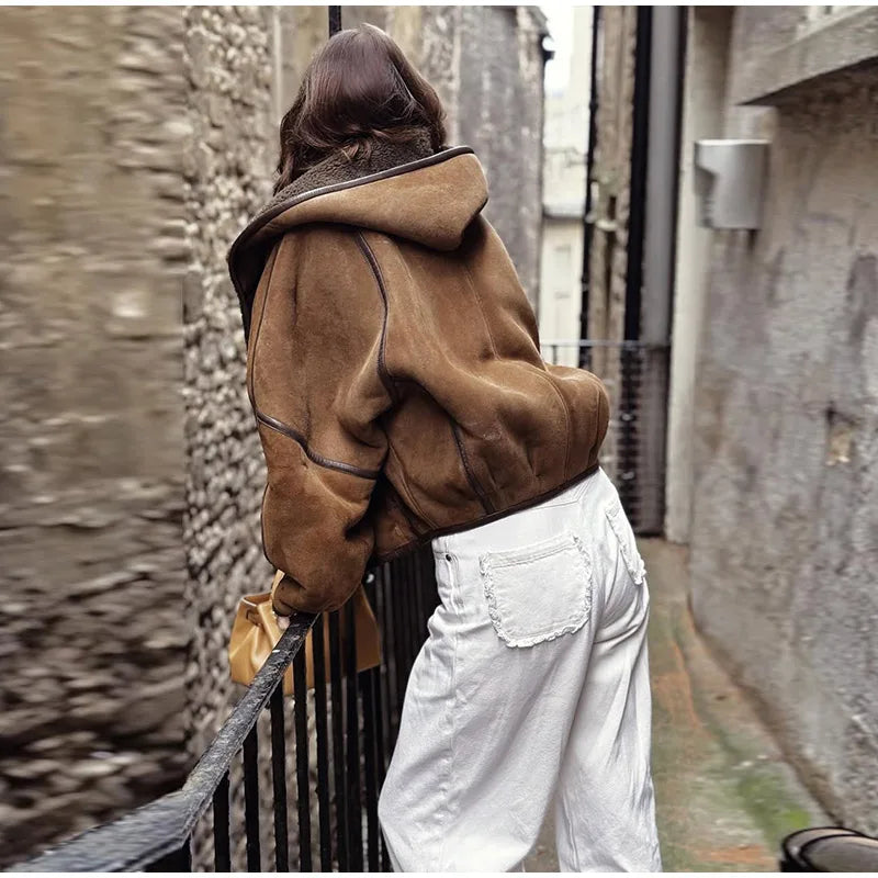 Hooded Patchwork Leather Jacket Woman Solid Color Long Sleeves Loose Single Breasted Coat Casual Street Women's New Warm Jackets