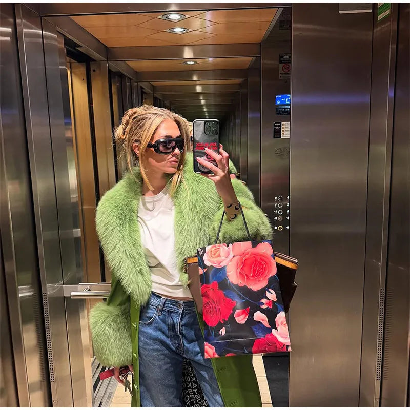 Fashion Solid Plush Faux Fur Coat Women Elegant Warm Long Sleeves Loose Jacket 2025 Lady Winter Chic High Street Outerwear ﻿