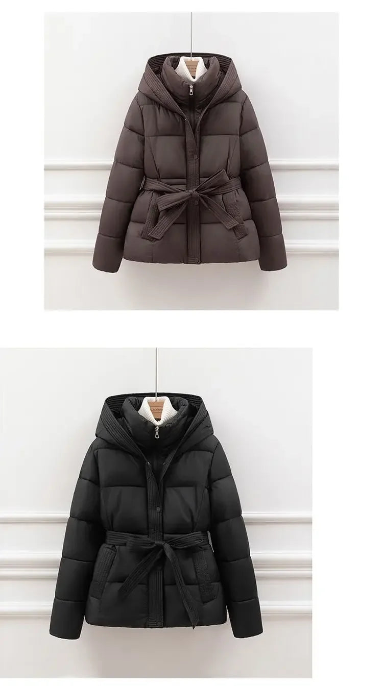 2025 New Winter Jacket Women Warm Parkas Long Sleeve Tops Casual Cotton Padded Jackets Belt Black Brown Hooded Outerwear Female