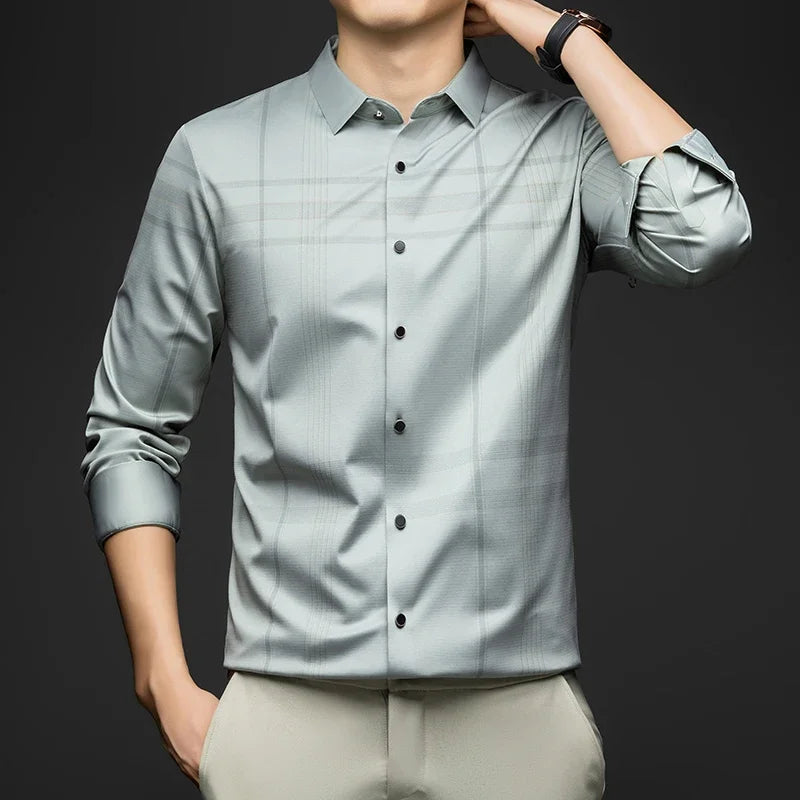 BROWON Formal Shirt Men 2025 Autumn New Long Sleeve Male Shirt Fashion Business Mulberry Silk Striped Shirts for Man Wear