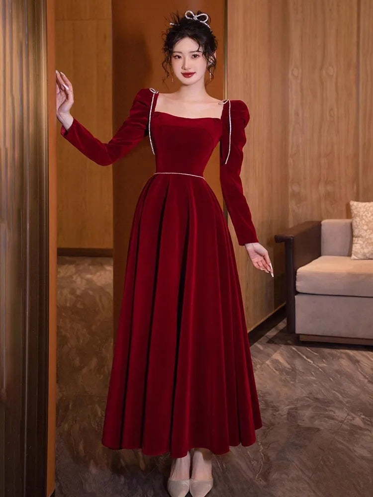 Mauroicardi Long Birthday Party Evening Soft Velvet Maxi Dresses for Women Puff Sleeve Square Neck Luxury Elegant Chic Clothing