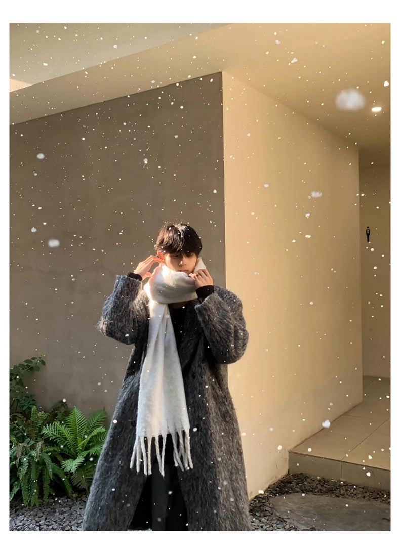 Mauroicardi Autumn Winter Oversized Long Thicken Warm Grey Woolen Coat Men Shoulder Pads Double Breasted Wool & Blends Overcoat