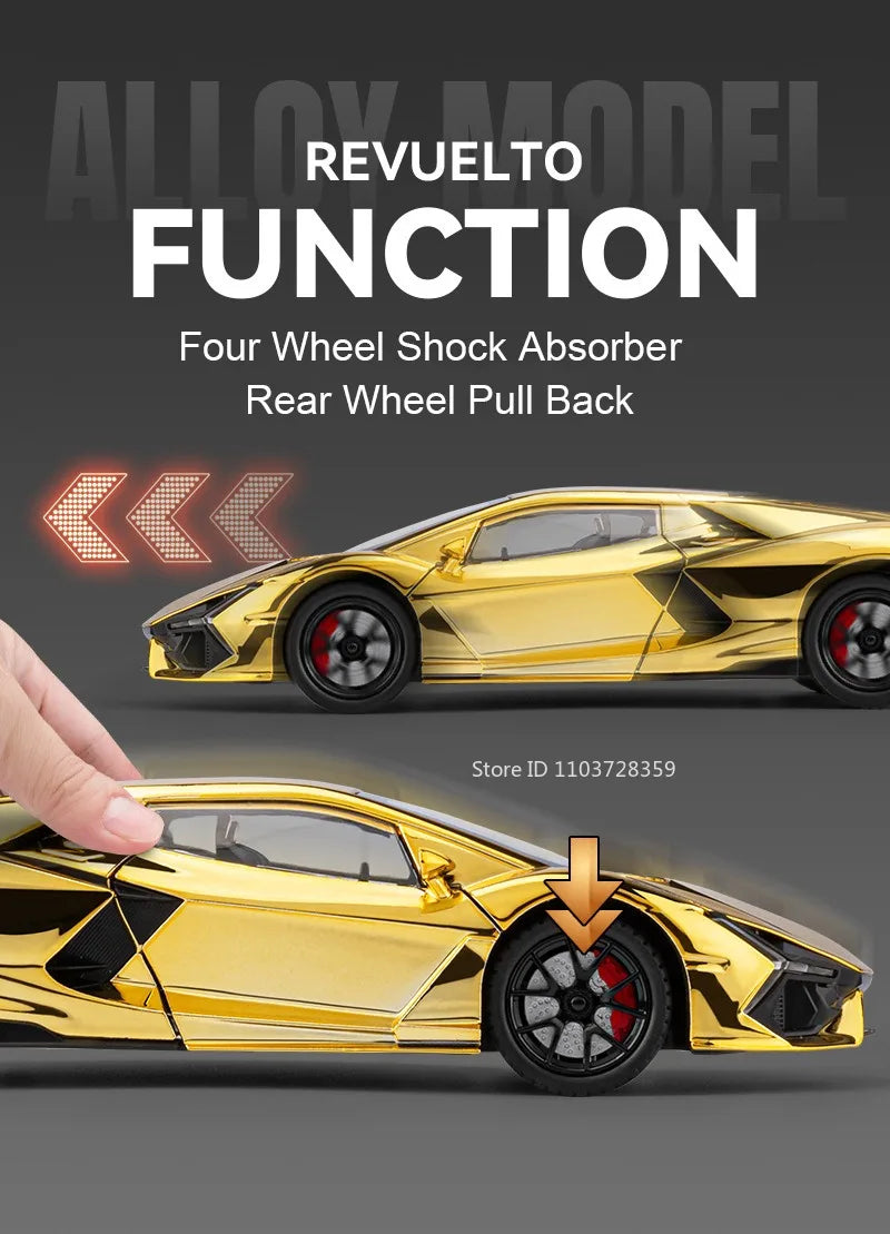 1:24 Scale REVUELTO Miniature Model Toy Sports Cars Alloy Diecast Supercars Sound Light Doors Opened Pull Back for Kids Gifts