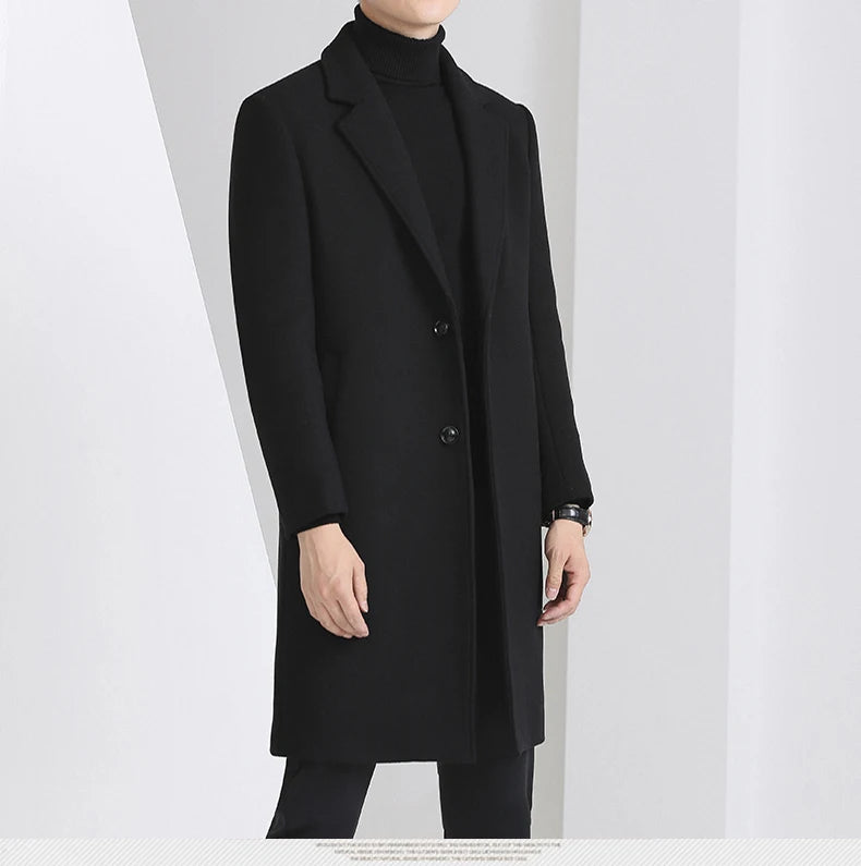 Winter Autumn Men's Timeless Woolen Overcoat Grey Navy Black Burgundy Notched Collar Design Cashmere Coat Plus Size Menswear