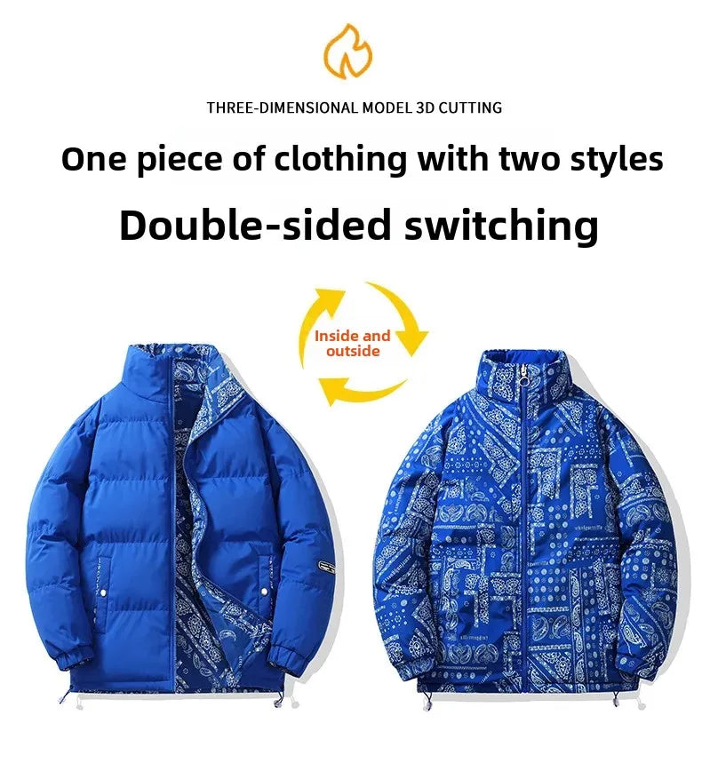 Double-Sided Wear Thickened Cotton Jacket for Men Women Stand Collar Warm Casual Loose Fit Winter Couple Windproof Bread Jacket