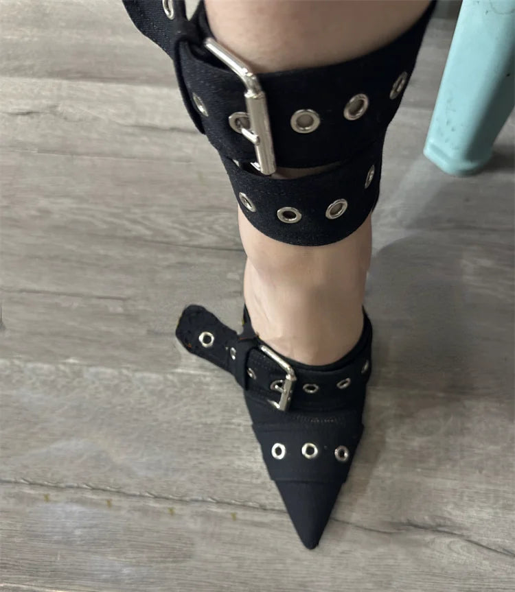 Blue Denim Metal Rivet Buckle Silvery Over Knee Boots Women Sexy Punk Style Silver Belt Buckle 12cm High Heel Sandals Size 34-43