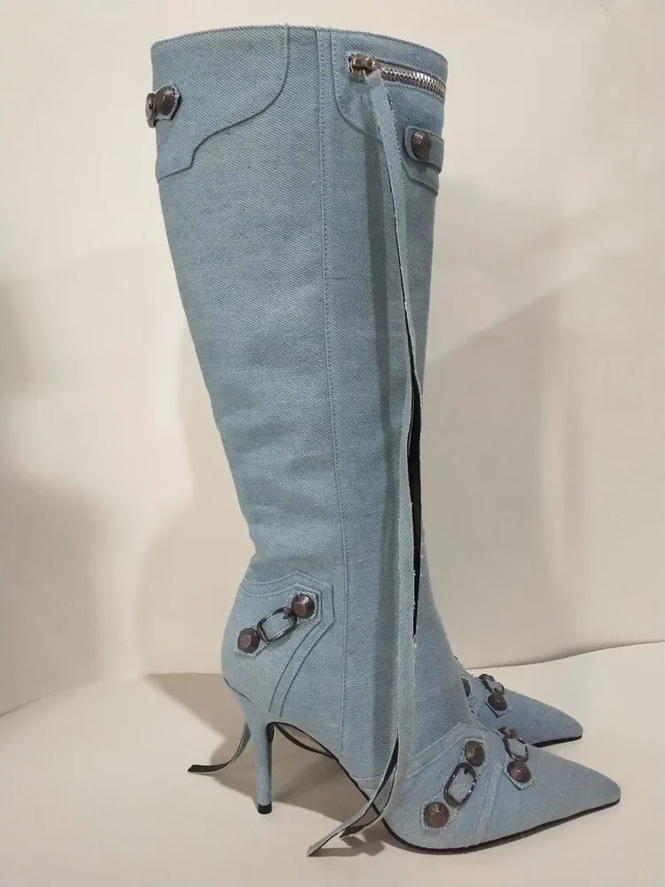 New 2024 Brand Design Knee High Boots Fashion Rivet Pointed Thin Heel Women's Boots 34-43 Fashion Hot Girls Denim Model Boots