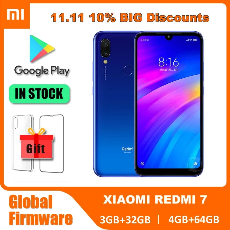 Original Xiaomi Redmi 7 4GB 64GB 6.81'' Mobile Phones Global ROM Google Play Android 4000 mAh Smartphone Fingerprint Free Gift