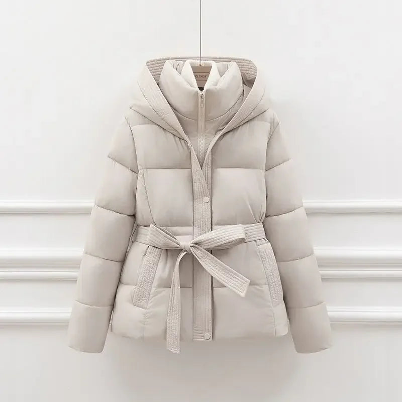 2025 New Winter Jacket Women Warm Parkas Long Sleeve Tops Casual Cotton Padded Jackets Belt Black Brown Hooded Outerwear Female
