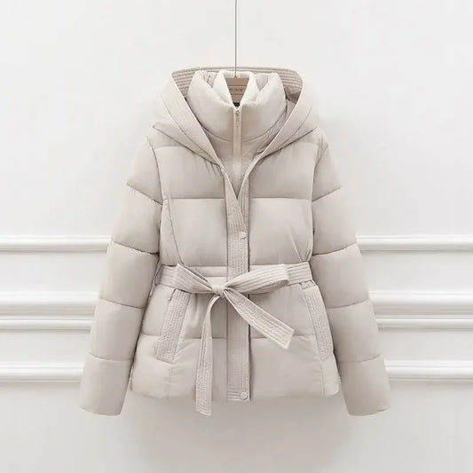 2025 New Winter Jacket Women Warm Parkas Long Sleeve Tops Casual Cotton Padded Jackets Belt Black Brown Hooded Outerwear Female