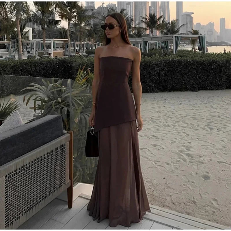 Elegant Strapless Long Dress Women Sexy Patchwork Mesh Sleeveless Sacrf Vestidos Female 2025 Spring Split Evening Dresses Lady