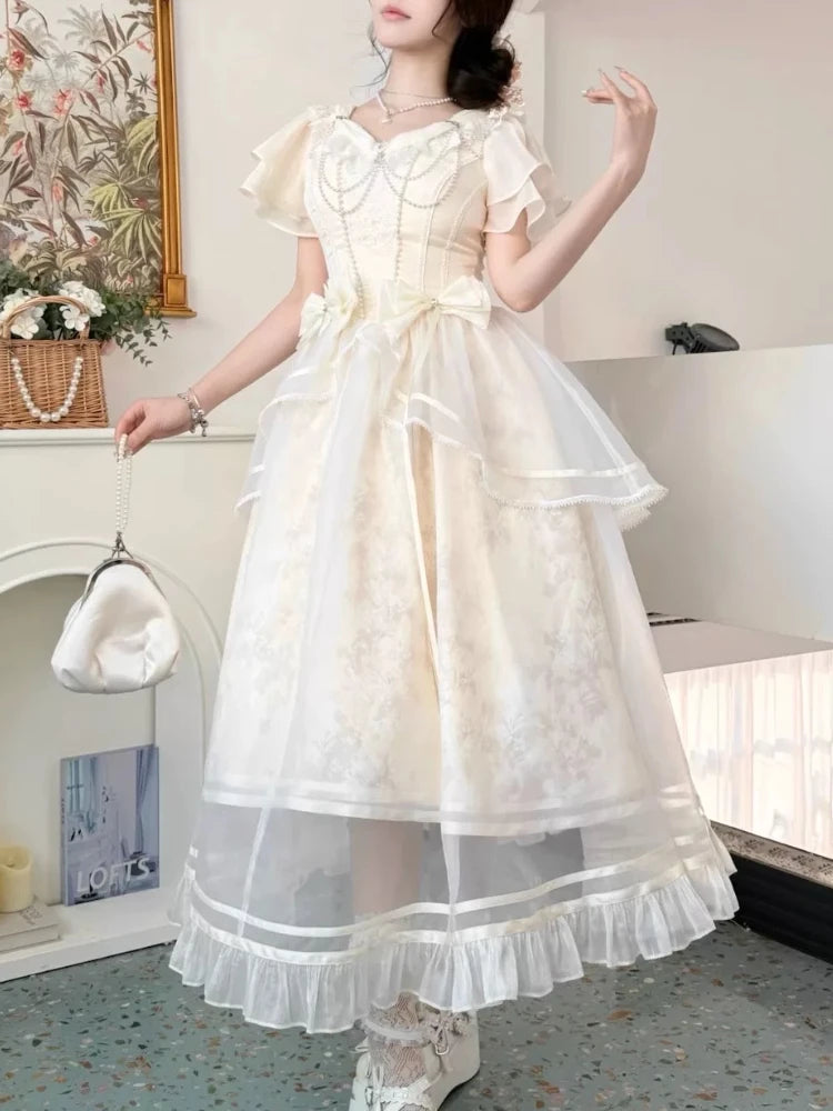 Forest Style Sweet Vintage Bow Design Dress Women Slim Fit A-Line Long Dress French Elegant Fairy Princess Prom Clothing 2025