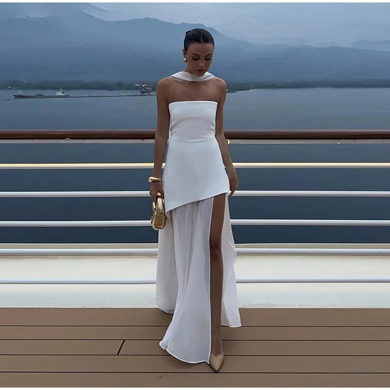 Elegant Strapless Long Dress Women Sexy Patchwork Mesh Sleeveless Sacrf Vestidos Female 2025 Spring Split Evening Dresses Lady
