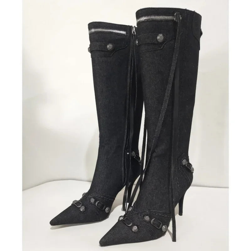 New 2024 Brand Design Knee High Boots Fashion Rivet Pointed Thin Heel Women's Boots 34-43 Fashion Hot Girls Denim Model Boots
