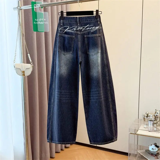 Y2K Fashion Letter Embroidery Jeans Vintage Dark Blue Baggy Pants Women Clothing New Rock Wide Leg Lady Denim Trousers