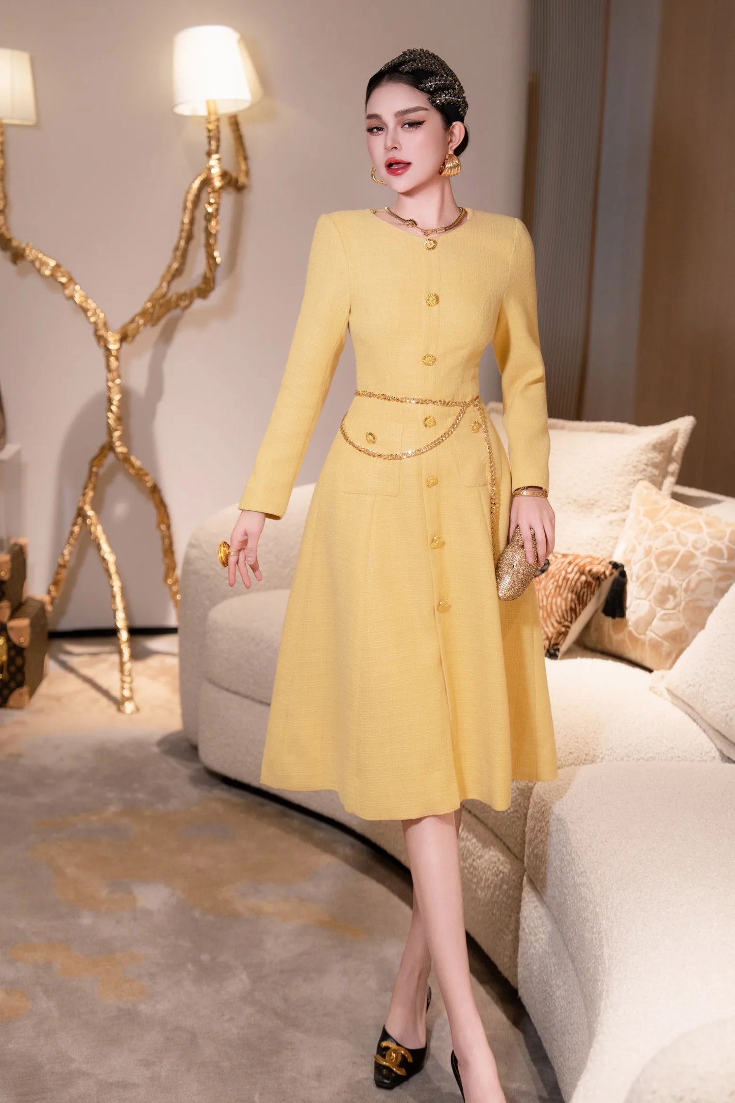 ZJYT New Arrivals Autumn Dresses for Women 2025 Elegant Designer Long Sleeve Single Breasted Party Yellow Dress with Belt