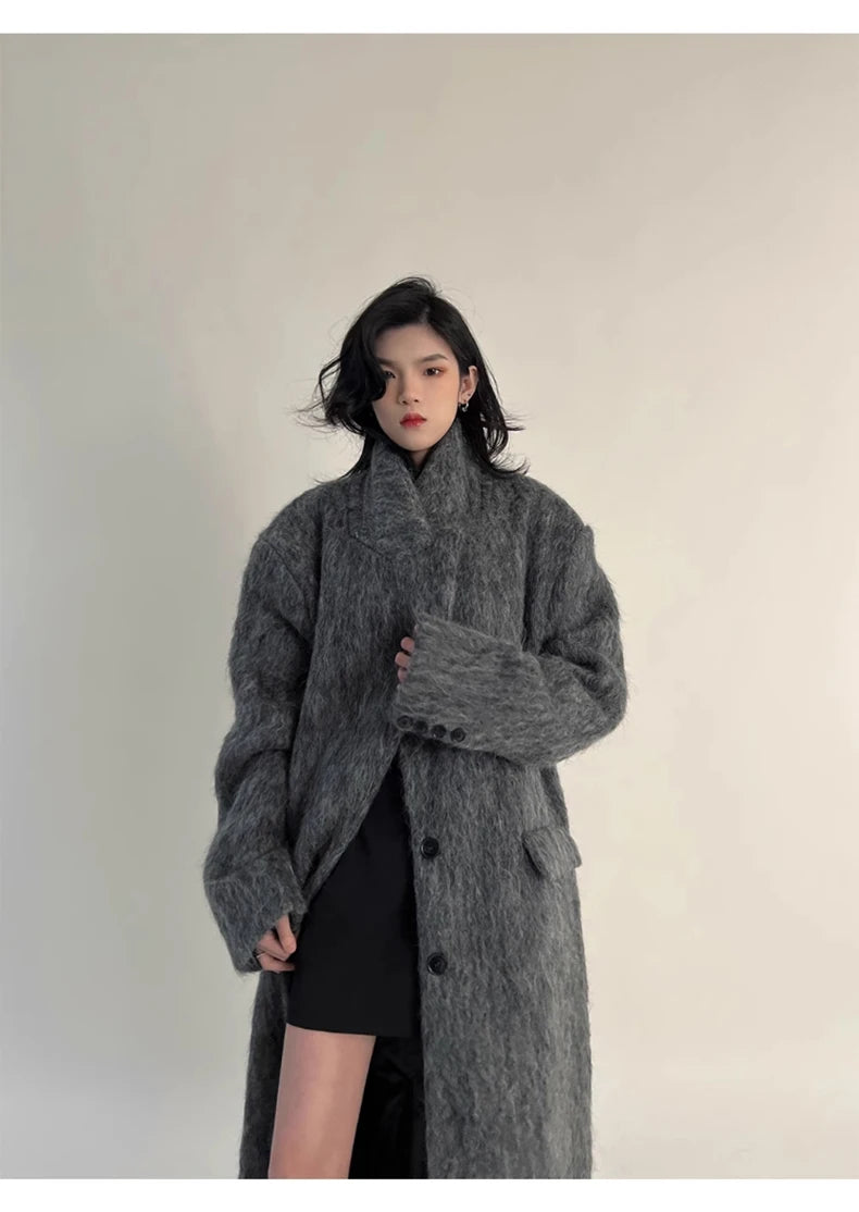 Lautaro Autumn Winter Clothes Women Oversized Extra Long Casual Warm Grey Wool & Blends Coat Women Maxi Fluffy Woolen Overcoat