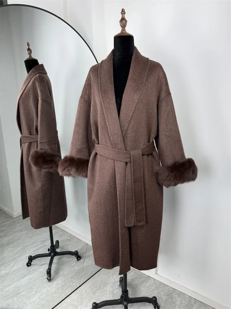 Retro Black Fur Patchwork Woolen Coat Women Chic Full Sleeve V-neck Lace Up Loose Long Overcoat 2025 Lady Winter Commute Outwear