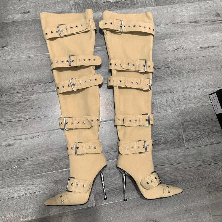 Blue Denim Metal Rivet Buckle Silvery Over Knee Boots Women Sexy Punk Style Silver Belt Buckle 12cm High Heel Sandals Size 34-43