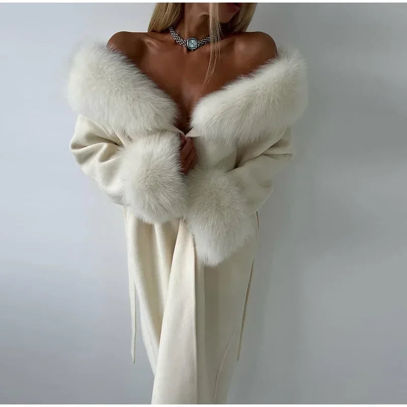 Retro Black Fur Patchwork Woolen Coat Women Chic Full Sleeve V-neck Lace Up Loose Long Overcoat 2025 Lady Winter Commute Outwear