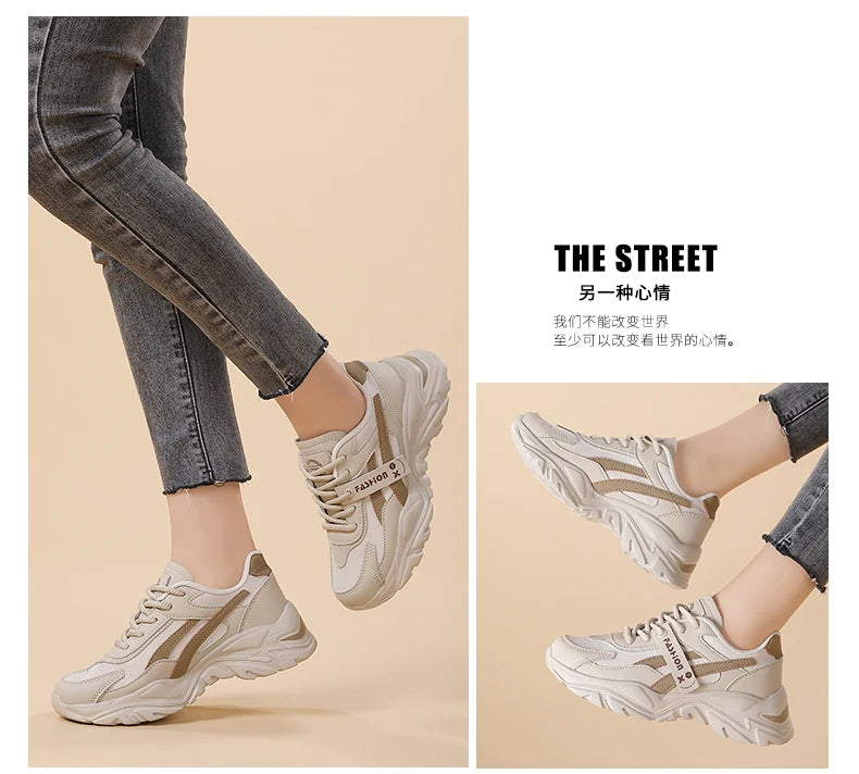 Casual Leather Sneakers for Women Autumn Winter Comfortable Walking Shoes Fashion Patchwork Thick Bottom Sports Shoes Female