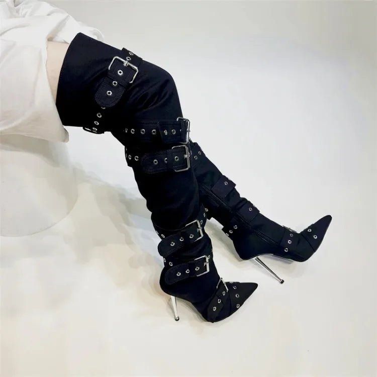 Blue Denim Metal Rivet Buckle Silvery Over Knee Boots Women Sexy Punk Style Silver Belt Buckle 12cm High Heel Sandals Size 34-43