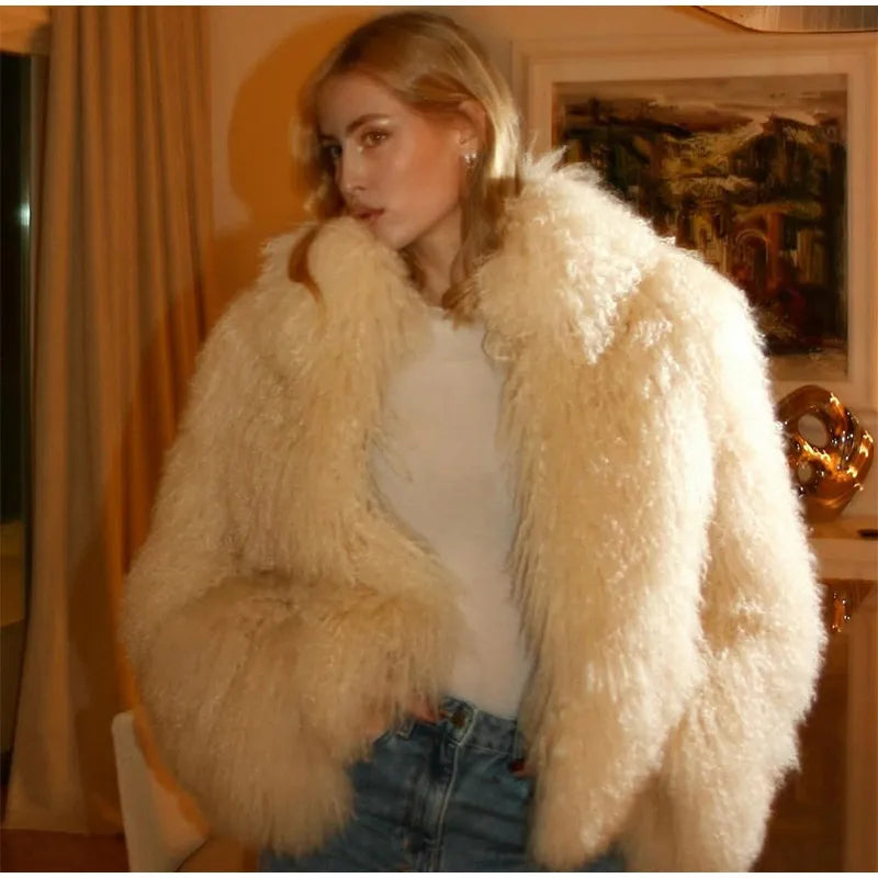 Fashion Solid Plush Faux Fur Coat Women Elegant Warm Long Sleeves Loose Jacket 2025 Lady Winter Chic High Street Outerwear ﻿