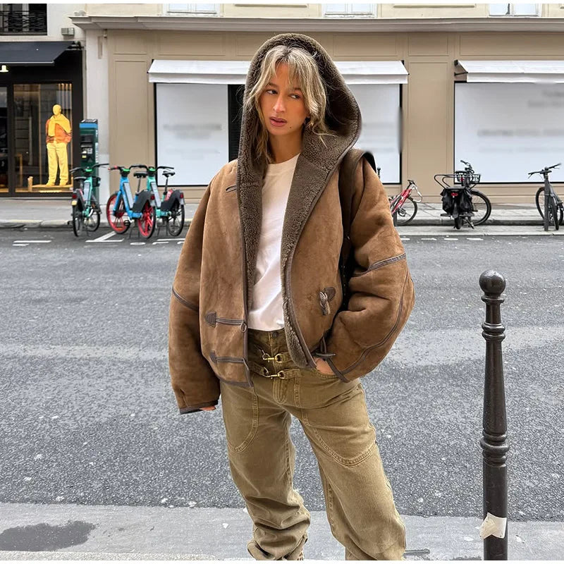 Hooded Patchwork Leather Jacket Woman Solid Color Long Sleeves Loose Single Breasted Coat Casual Street Women's New Warm Jackets