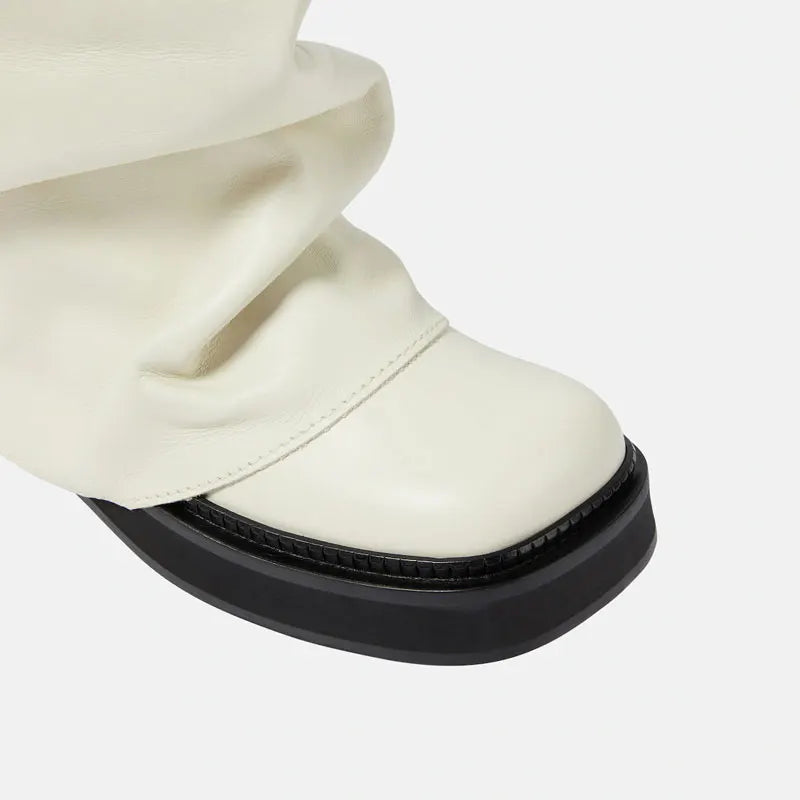 Women's New Autumn and Winter Calf Boots with Pleated Thick High Heels and Fashionable Oversized Street Leather Mid Leg Boots