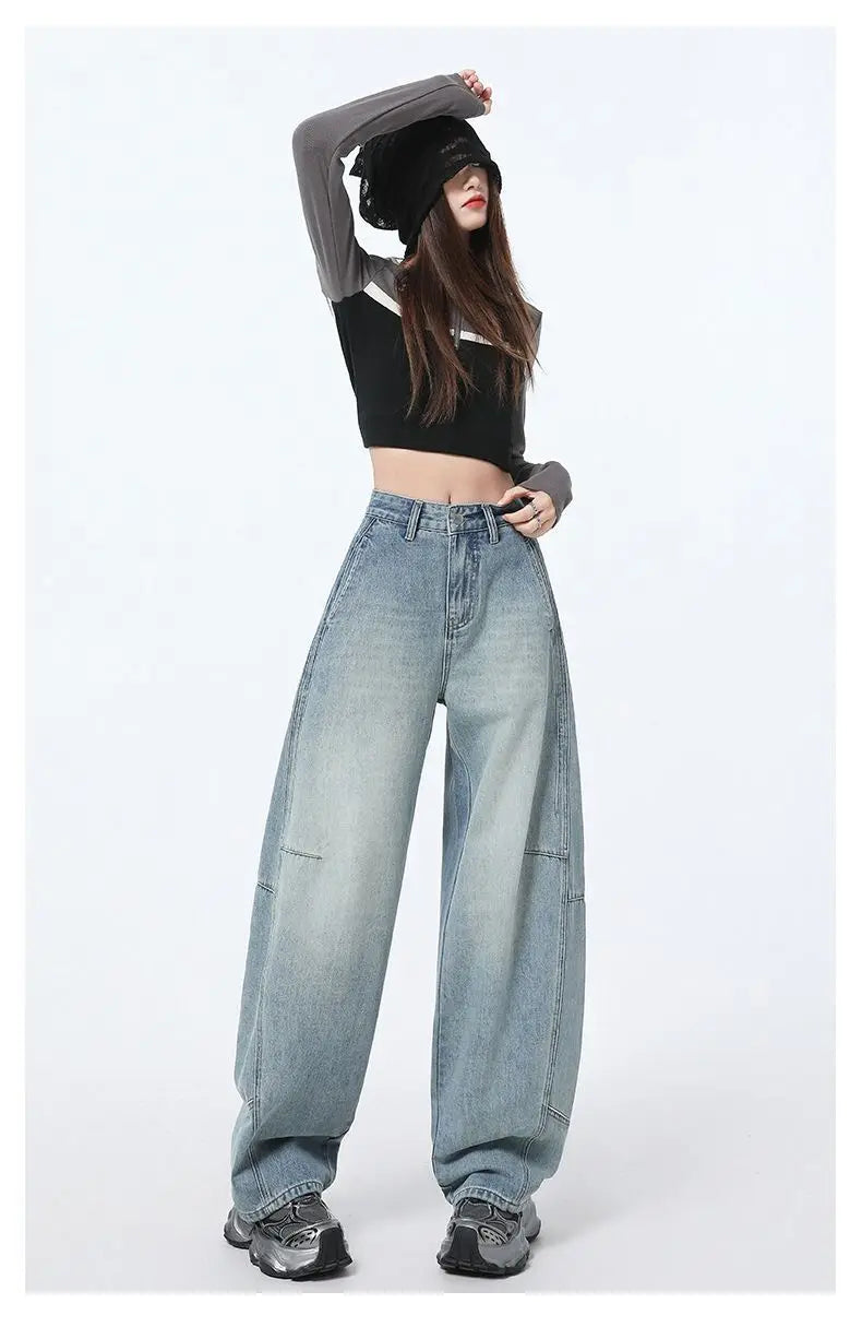 2025 Women Baggy Jeans High Waist Straight Wide Leg Drag Floor Length Banana Pants Vintage Casual