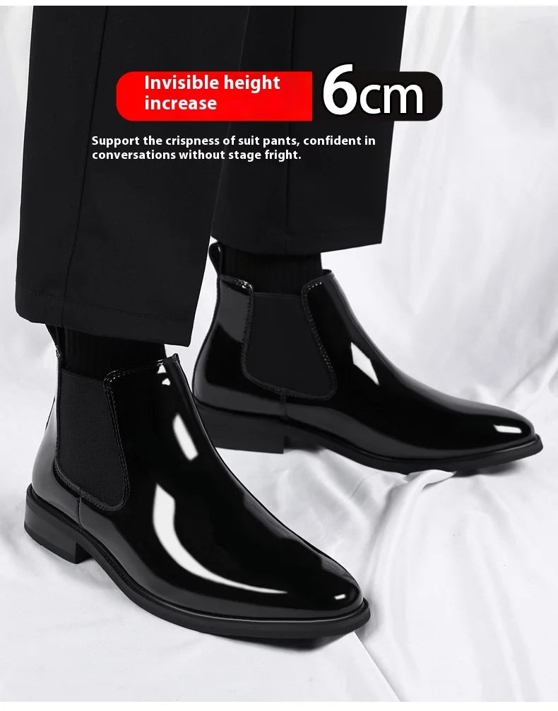 Height Increase Men's Shiny Leather Boots Pointed Formal Elevator Shoes Office Business Snow Boots Chelsea Winter Cotton Boots