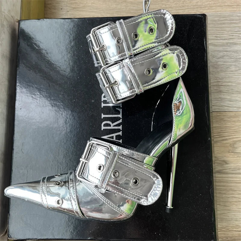 Blue Denim Metal Rivet Buckle Silvery Over Knee Boots Women Sexy Punk Style Silver Belt Buckle 12cm High Heel Sandals Size 34-43