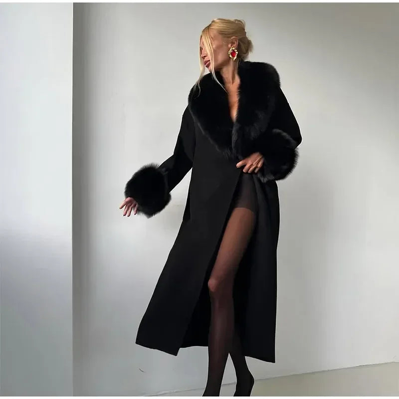 Retro Black Fur Patchwork Woolen Coat Women Chic Full Sleeve V-neck Lace Up Loose Long Overcoat 2025 Lady Winter Commute Outwear