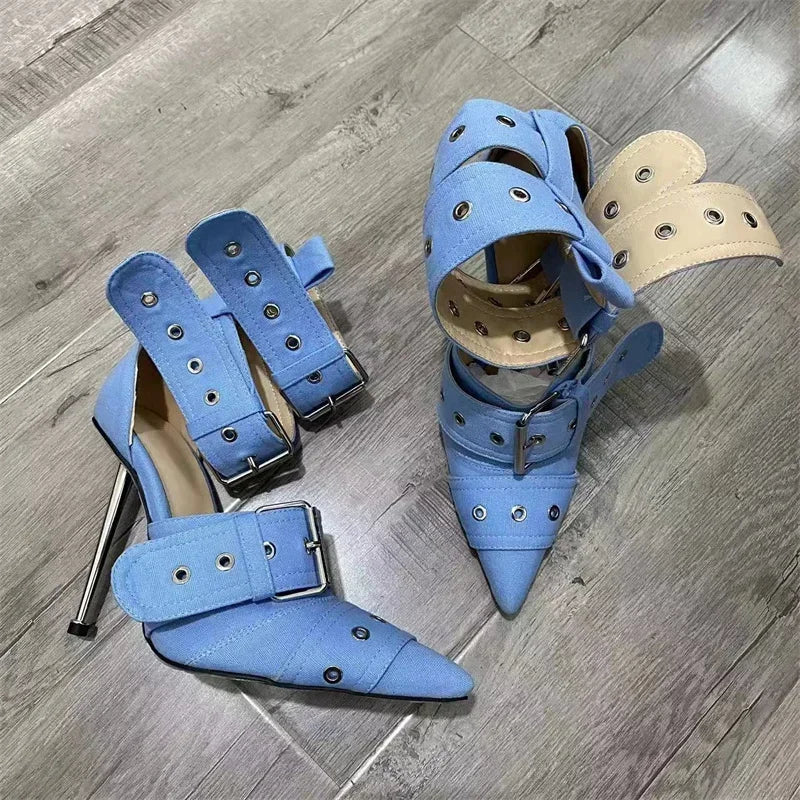Blue Denim Metal Rivet Buckle Silvery Over Knee Boots Women Sexy Punk Style Silver Belt Buckle 12cm High Heel Sandals Size 34-43