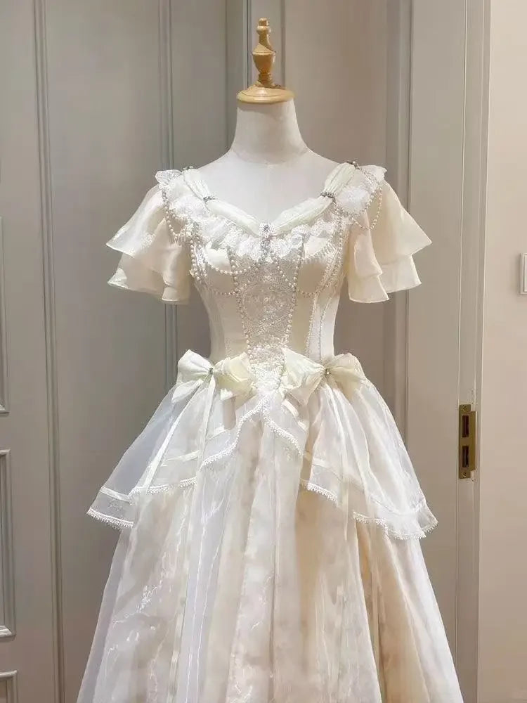 Forest Style Sweet Vintage Bow Design Dress Women Slim Fit A-Line Long Dress French Elegant Fairy Princess Prom Clothing 2025