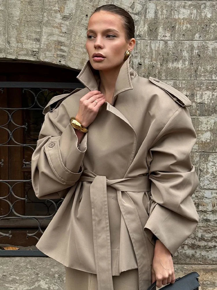 Elegant Lace Up Woolen Coat Women Solid Loose Lapel Furry Belt Long Sleeve Short Jacket 2025 Autumn Winter Lady Cardigan Outwear