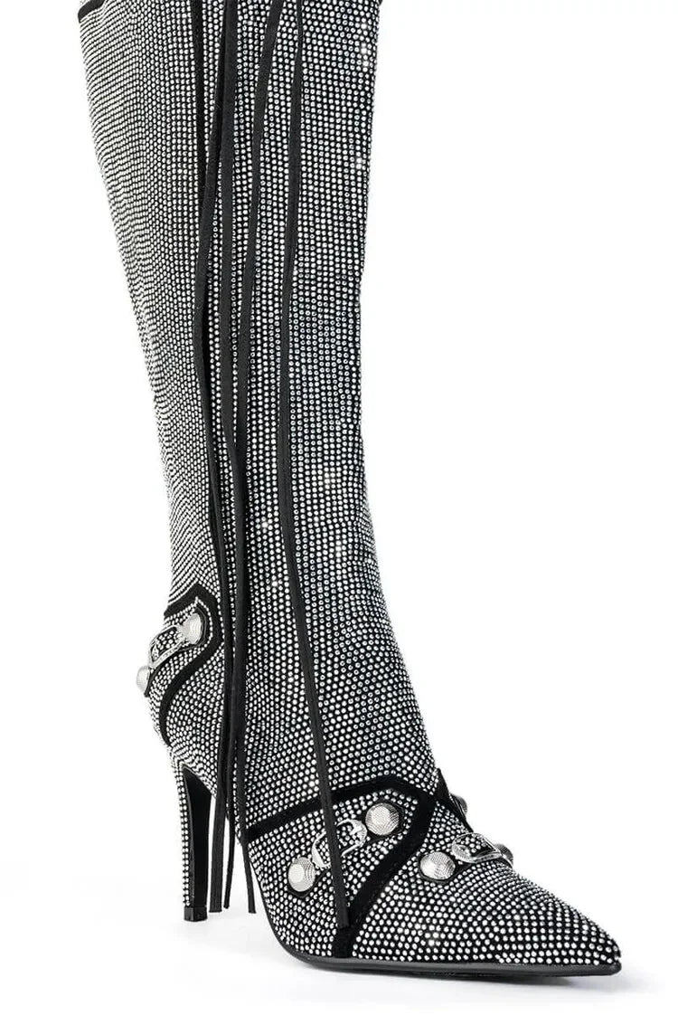 New 2024 Brand Design Knee High Boots Fashion Rivet Pointed Thin Heel Women's Boots 34-43 Fashion Hot Girls Denim Model Boots