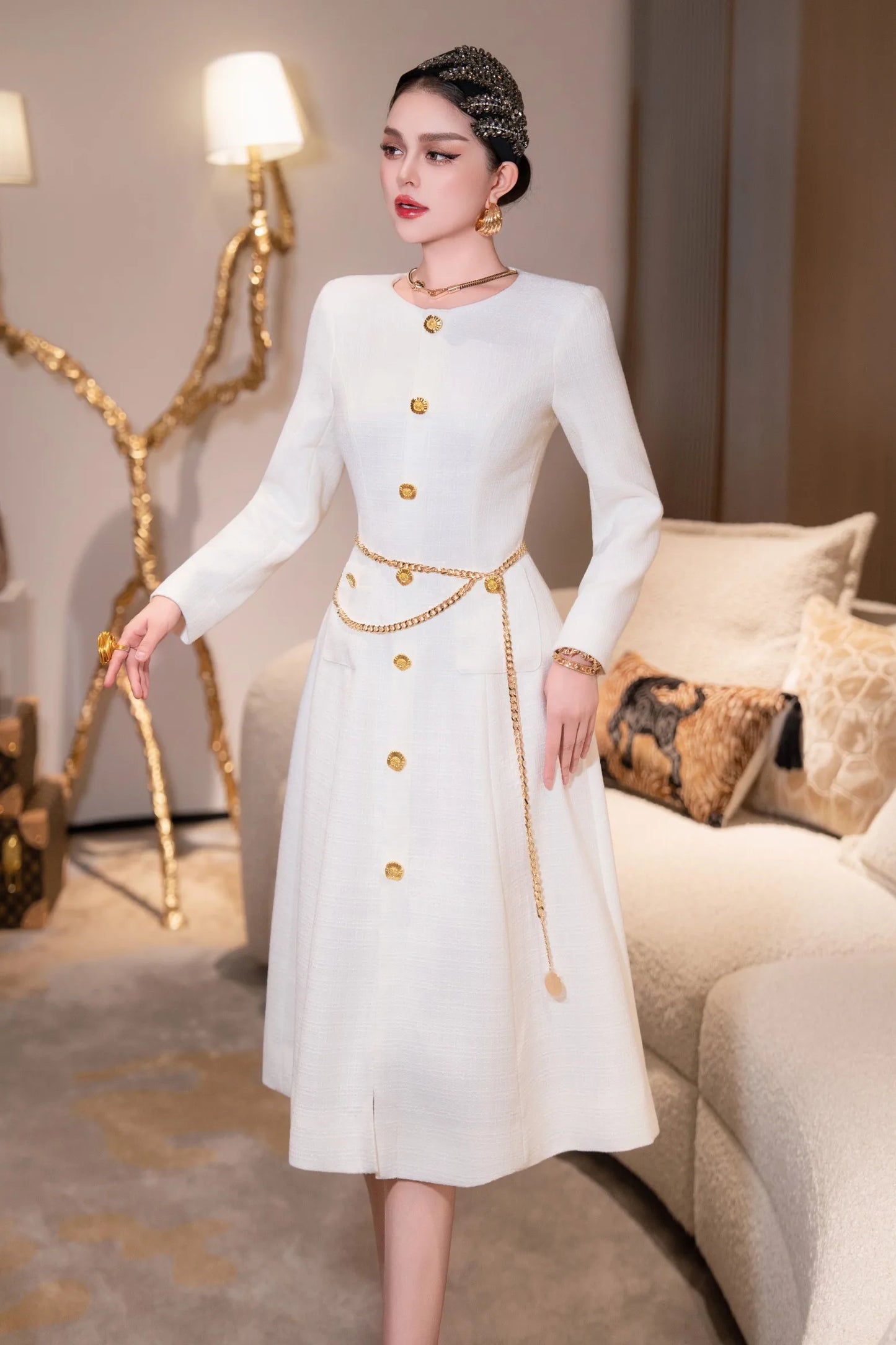 ZJYT New Arrivals Autumn Dresses for Women 2025 Elegant Designer Long Sleeve Single Breasted Party Yellow Dress with Belt