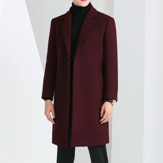 Winter Autumn Men's Timeless Woolen Overcoat Grey Navy Black Burgundy Notched Collar Design Cashmere Coat Plus Size Menswear