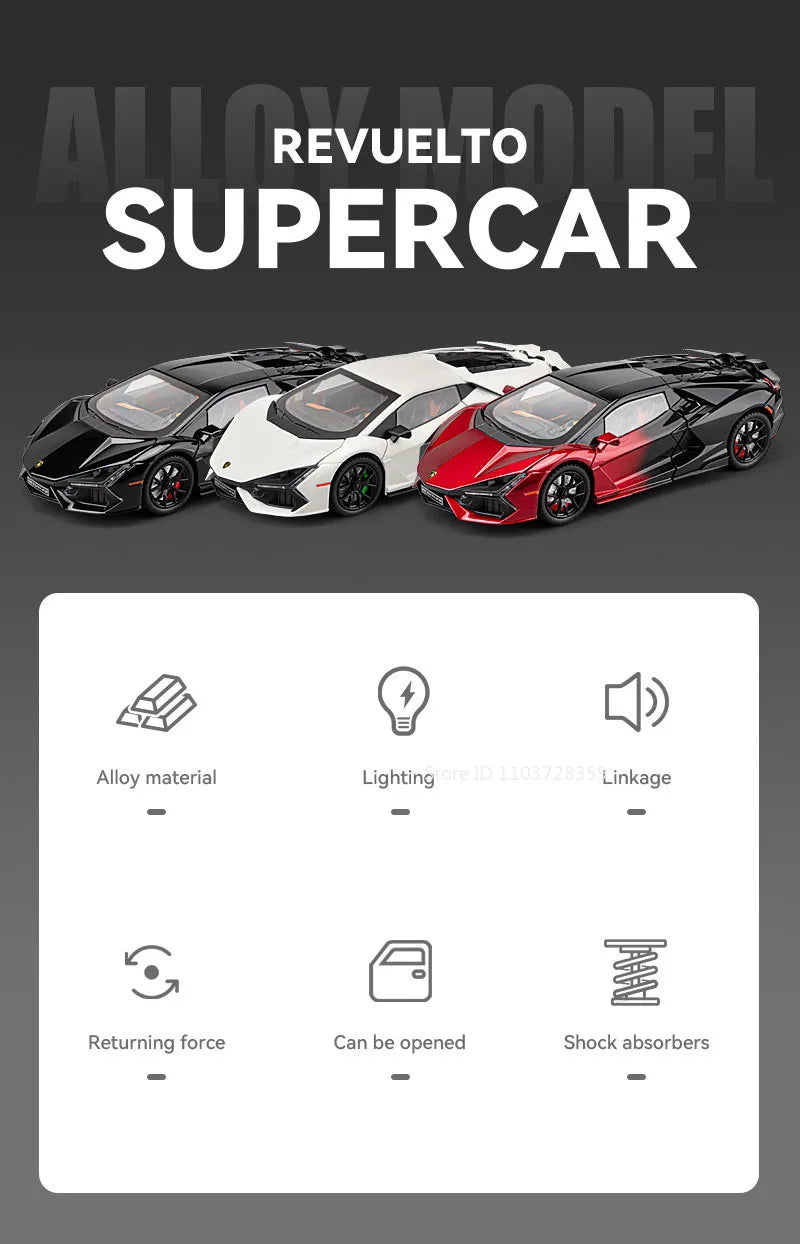 1:24 Scale REVUELTO Miniature Model Toy Sports Cars Alloy Diecast Supercars Sound Light Doors Opened Pull Back for Kids Gifts