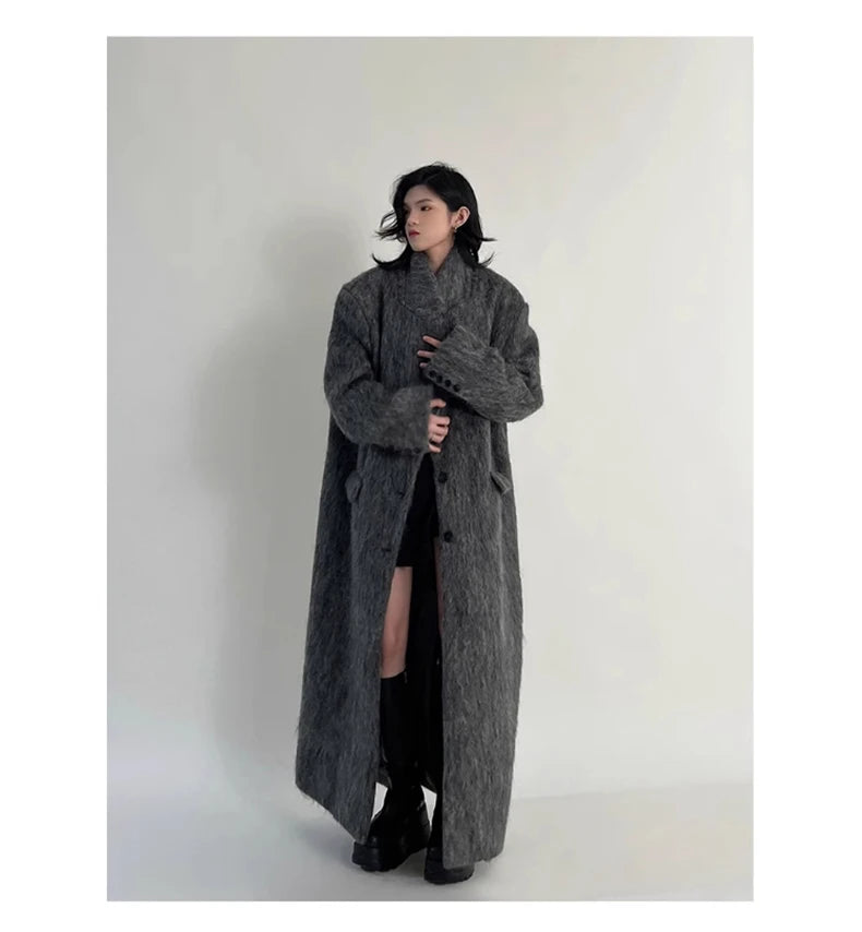 Lautaro Autumn Winter Clothes Women Oversized Extra Long Casual Warm Grey Wool & Blends Coat Women Maxi Fluffy Woolen Overcoat