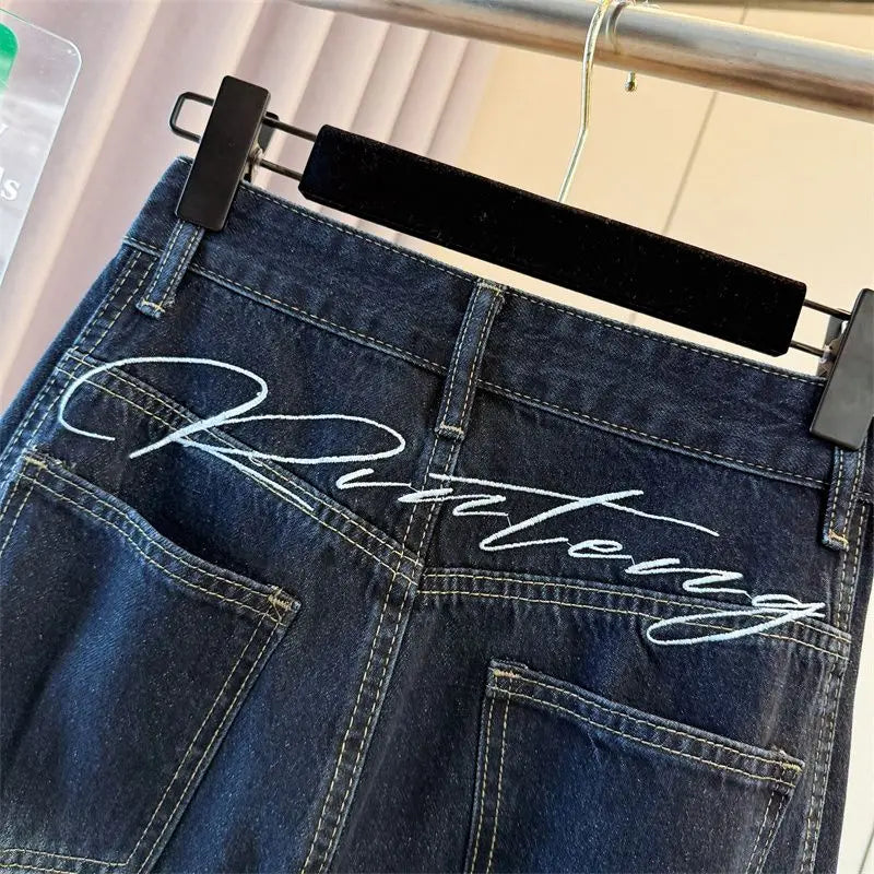 Y2K Fashion Letter Embroidery Jeans Vintage Dark Blue Baggy Pants Women Clothing New Rock Wide Leg Lady Denim Trousers