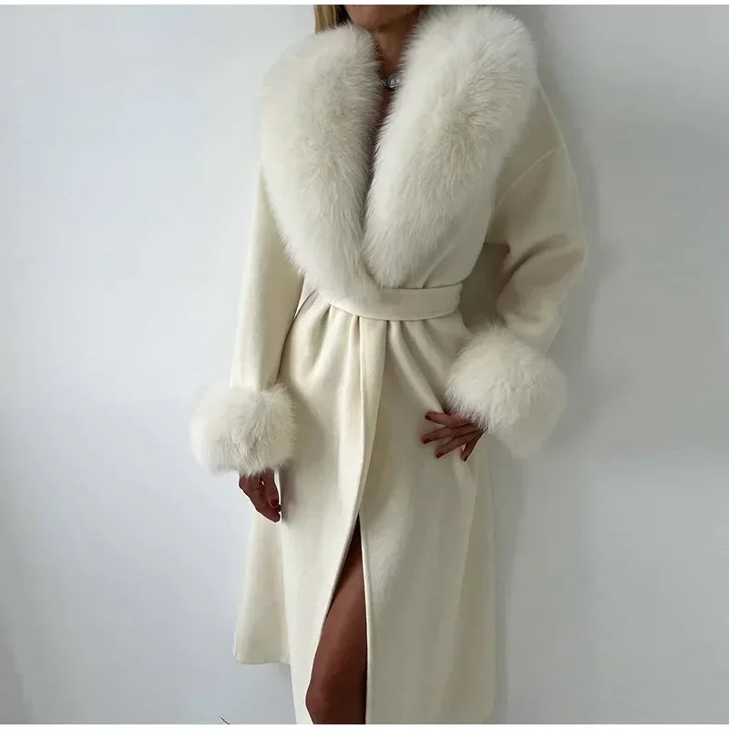 Retro Black Fur Patchwork Woolen Coat Women Chic Full Sleeve V-neck Lace Up Loose Long Overcoat 2025 Lady Winter Commute Outwear