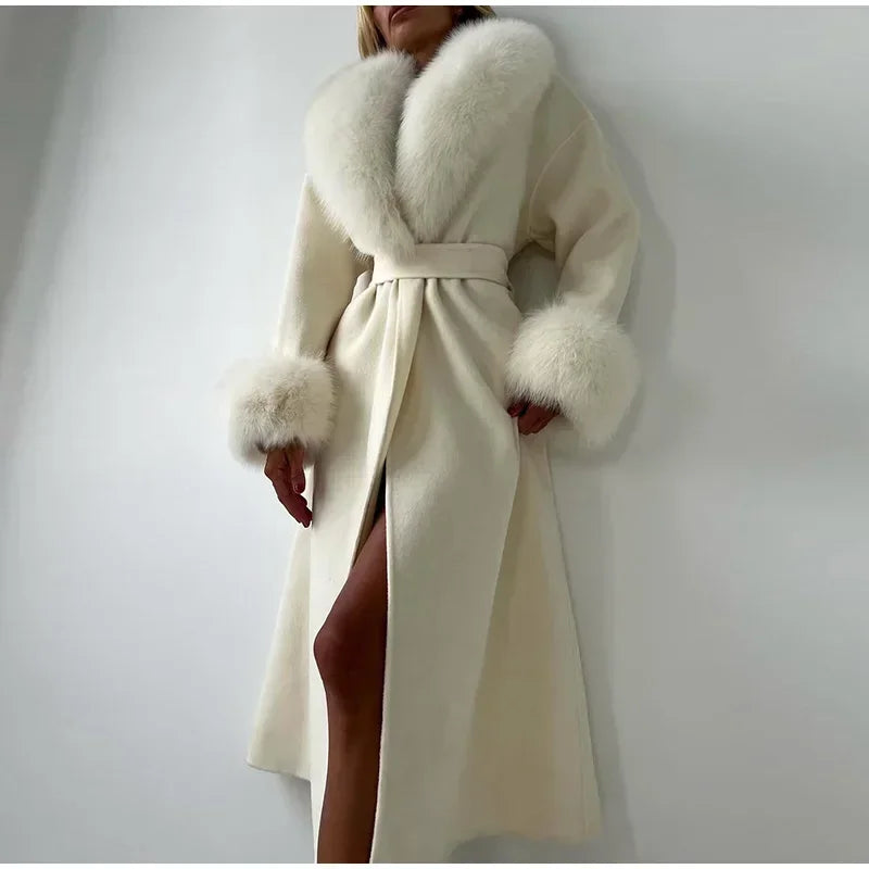 Retro Black Fur Patchwork Woolen Coat Women Chic Full Sleeve V-neck Lace Up Loose Long Overcoat 2025 Lady Winter Commute Outwear