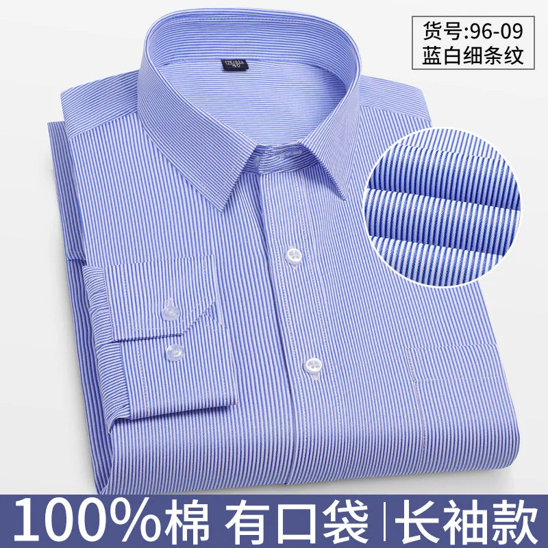 8XL Formal Office Wear 100 Cotton Long Sleeve Shirt for Men Business Casual Striped Work Shirt Men Long Sleeve White Black Blue