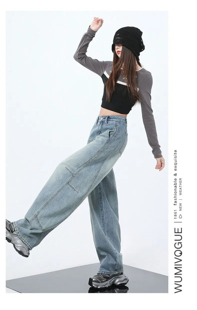 2025 Women Baggy Jeans High Waist Straight Wide Leg Drag Floor Length Banana Pants Vintage Casual