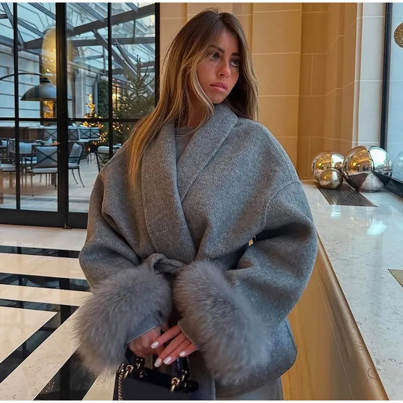 Elegant Lace Up Woolen Coat Women Solid Loose Lapel Furry Belt Long Sleeve Short Jacket 2025 Autumn Winter Lady Cardigan Outwear