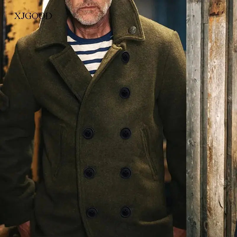 Men's Pure Color Woolen Coat with Buttoned Collar ort Sve V-Ne Outerwear for Young Men in Autumn Season